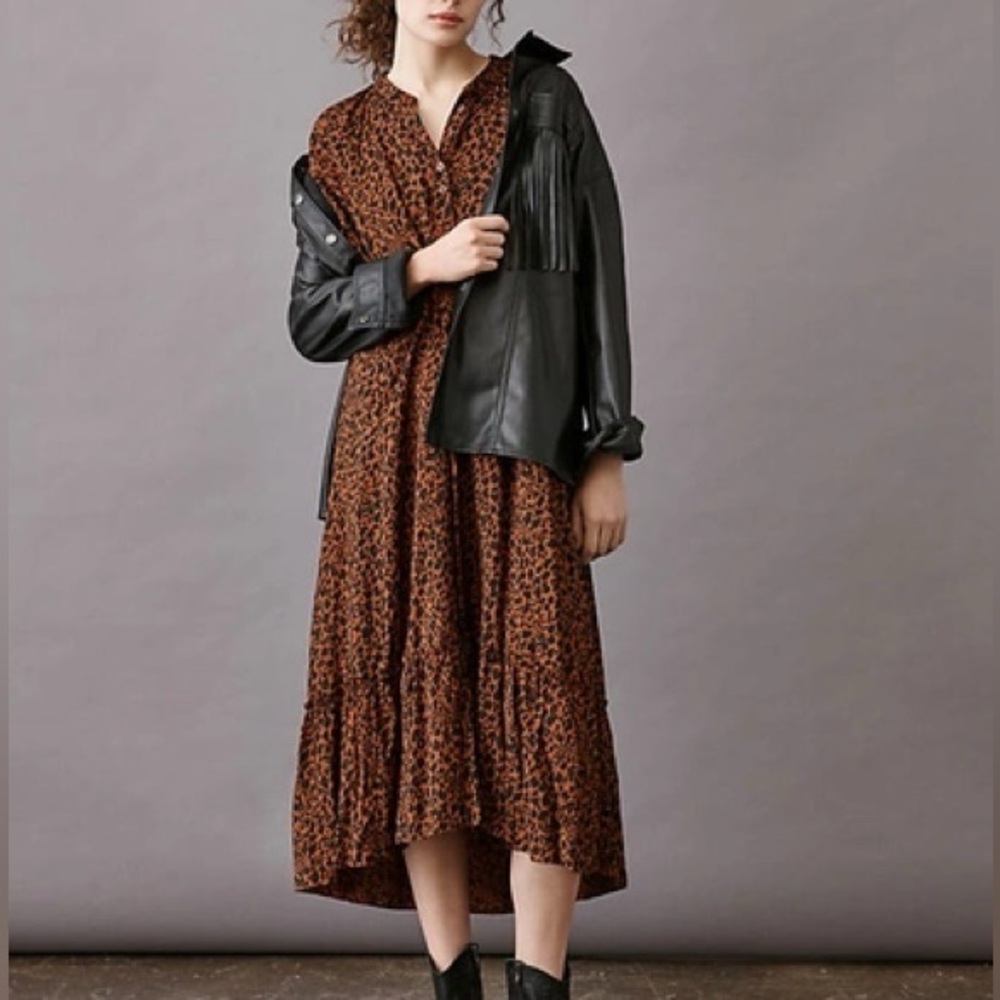 HTF Anthropologie Leopard Print Tiered Midi Swing Dress With Pockets!